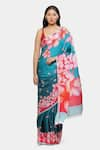 Buy_Satya Paul_Blue Satin Georgette Printed Frangipani Ombre Saree With Running Blouse _at_Aza_Fashions