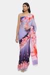 Buy_Satya Paul_Grey Satin Georgette Printed Frangipani Via East Saree With Running Blouse_at_Aza_Fashions