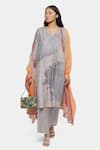 Buy_Satya Paul_Grey Soft Chanderi Floral V Neck Pattern Angarkha And Pant Set _at_Aza_Fashions