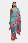 Buy_Satya Paul_Blue Satin Georgette Printed Ginza Embellished Saree With Running Blouse _at_Aza_Fashions