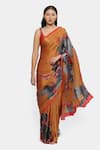 Buy_Satya Paul_Peach Satin Georgette Printed Clouds Cross Border Saree With Running Blouse _at_Aza_Fashions