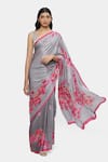 Buy_Satya Paul_Grey Satin Georgette Floral Bougainvillea Saree With Running Blouse _at_Aza_Fashions