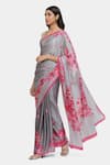 Satya Paul_Grey Satin Georgette Floral Bougainvillea Saree With Running Blouse _Online_at_Aza_Fashions