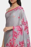 Shop_Satya Paul_Grey Satin Georgette Floral Bougainvillea Saree With Running Blouse _Online_at_Aza_Fashions