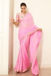 Buy_Masaba_Pink Saree- Georgette Foil Printed Springbud With Raw Silk Blouse Piece_at_Aza_Fashions