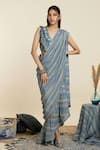 Buy_SVA by Sonam & Paras Modi_Blue Crepe Print Geometric V Neck Pre-draped Saree With Blouse  _at_Aza_Fashions