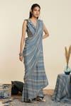 SVA by Sonam & Paras Modi_Blue Crepe Print Geometric V Neck Pre-draped Saree With Blouse  _Online_at_Aza_Fashions