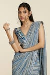 Shop_SVA by Sonam & Paras Modi_Blue Crepe Print Geometric V Neck Pre-draped Saree With Blouse  _Online_at_Aza_Fashions