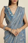 SVA by Sonam & Paras Modi_Blue Crepe Print Geometric V Neck Pre-draped Saree With Blouse  _at_Aza_Fashions