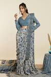 Buy_Sva By Sonam & Paras Modi_Blue Crepe Print Peacock V Neck Pre-draped Sharara Saree With Blouse_at_Aza_Fashions