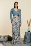 Sva By Sonam & Paras Modi_Blue Crepe Print Peacock V Neck Pre-draped Sharara Saree With Blouse_Online_at_Aza_Fashions