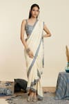 Buy_SVA by Sonam & Paras Modi_Beige Crepe Embroidery Geometric Square Pre-draped Saree With Blouse  _at_Aza_Fashions