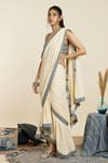 Buy_SVA by Sonam & Paras Modi_Beige Crepe Embroidery Geometric Square Pre-draped Saree With Blouse  _Online_at_Aza_Fashions