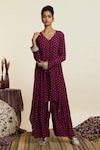 SVA by Sonam & Paras Modi_Wine Crepe Printed Geometric V Neck Tunic And Palazzo Set _Online_at_Aza_Fashions