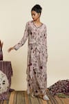 Buy_Sva By Sonam & Paras Modi_Peach Crepe Botanic V Neck Safar Front Tie Up Tunic And Palazzo Set_at_Aza_Fashions