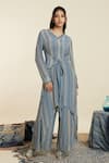 Buy_SVA by Sonam & Paras Modi_Blue Crepe Striped V Neck Boho Pattern Front Tie Tunic And Palazzo Set _at_Aza_Fashions