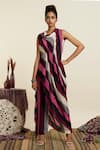 Buy_SVA by Sonam & Paras Modi_Multi Color Crepe Printed Striped Cowl Neck Draped Crop Top With Pant _at_Aza_Fashions