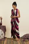 Buy_SVA by Sonam & Paras Modi_Multi Color Crepe Printed Striped Cowl Neck Draped Crop Top With Pant _Online_at_Aza_Fashions