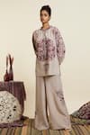 Buy_SVA by Sonam & Paras Modi_Grey Crepe Embroidered Thread Frill Neck Top And Pant Set  _at_Aza_Fashions