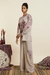 Buy_SVA by Sonam & Paras Modi_Grey Crepe Embroidered Thread Frill Neck Top And Pant Set  _Online_at_Aza_Fashions