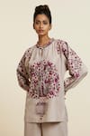 SVA by Sonam & Paras Modi_Grey Crepe Embroidered Thread Frill Neck Top And Pant Set  _at_Aza_Fashions