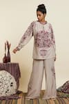 Buy_SVA by Sonam & Paras Modi_Grey Crepe Embroidered Thread Frill Neck Top And Pant Set  