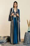 Buy_Sva By Sonam & Paras Modi_Blue Crepe Sequins, Cut Work Open Neck, Round Stripe Print Jacket And Pant Set _at_Aza_Fashions