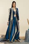 Buy_Sva By Sonam & Paras Modi_Blue Crepe Sequins, Cut Work Open Neck, Round Stripe Print Jacket And Pant Set _Online_at_Aza_Fashions
