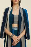Sva By Sonam & Paras Modi_Blue Crepe Sequins, Cut Work Open Neck, Round Stripe Print Jacket And Pant Set _at_Aza_Fashions