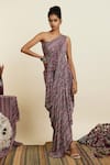 SVA by Sonam & Paras Modi_Multi Color Crepe Printed Stripe Asymmetic Boho Saree Gown_Online_at_Aza_Fashions