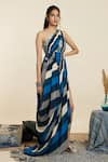 SVA by Sonam & Paras Modi_Blue Crepe Printed Stripe Asymmetic Draped Saree Gown _Online_at_Aza_Fashions