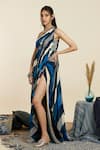 Buy_SVA by Sonam & Paras Modi_Blue Crepe Printed Stripe Asymmetic Draped Saree Gown _Online_at_Aza_Fashions
