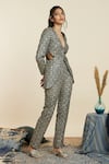 SVA by Sonam & Paras Modi_Blue Crepe Embroidery Thread Plunge V Neck Scallop Blazer And Pant Set  _Online_at_Aza_Fashions