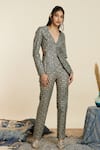 SVA by Sonam & Paras Modi_Blue Crepe Embroidery Thread Plunge V Neck Scallop Blazer And Pant Set  _at_Aza_Fashions