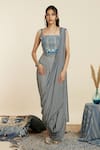 Buy_SVA by Sonam & Paras Modi_Blue Crepe Printed Geometric Square Neck Pre-draped Saree With Crop Top_at_Aza_Fashions