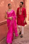 PUNIT BALANA_Pink Organza Silk Embroidery Patra Square Blossom Saree With Blouse  _at_Aza_Fashions