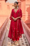 Buy_PUNIT BALANA_Red Silk Embroidery Patra V Neck Alia Kurta Pant Set  _at_Aza_Fashions