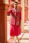 Shop_PUNIT BALANA_Red Tusser Silk Embroidered Resham Thread And Coin Bundi Kurta Set _at_Aza_Fashions