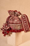 Shop_Tarun Tahiliani_Maroon Beads, Sequins, Pom-poms Floral Thread And Embroidered Potli Bag_at_Aza_Fashions