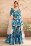 Buy_Lashkaraa_Blue Georgette Printed Floral V Neck Pattern Top Gharara Set _at_Aza_Fashions