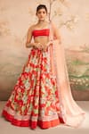 LASHKARAA_Red Silk Printed Floral Square Neck Lehenga Set _Online_at_Aza_Fashions