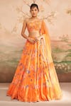 Buy_LASHKARAA_Orange Georgette Printed Floral Asymmetric Lehenga Set _at_Aza_Fashions