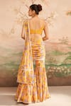 Shop_LASHKARAA_Yellow Georgette Printed Floral Scoop Neck Pre-draped Pant Saree With Blouse_at_Aza_Fashions