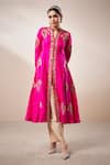 Aditi Somani_Pink Cotton Silk Embroidery Thread Mandarin Jacket Anarkali And Pant Set For Women_Online_at_Aza_Fashions