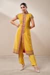 Buy_Aditi Somani_Yellow Kurta Slub Cotton Embroidery Thread Floral Jacket Tunic And Pant Set_at_Aza_Fashions