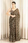 Buy_Detales_Green Saree Organza Printed Floral Notched Bloom With Blouse_at_Aza_Fashions