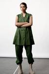 Buy_OFRIDA_Green Cotton, Linen Collared Sleeveless Jacket_at_Aza_Fashions
