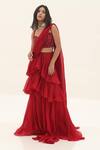 Buy_Divya Goel_Red Organza Embroidery Sequin Sweetheart Ruffle Saree With Blouse _at_Aza_Fashions