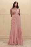 Divya Goel_Pink Georgette Embroidery Sequin Pre-draped Saree With Blouse _at_Aza_Fashions