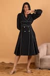 Shop_Savaaya_Black Linen Blend Embroidery Puffed Sleeves Blazer Dress With Belt  _at_Aza_Fashions